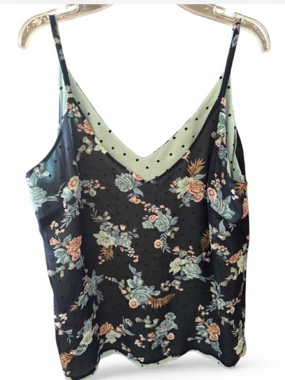 Reversible Floral Polka V-Neck Satin Cami Tank Top - Black/Green